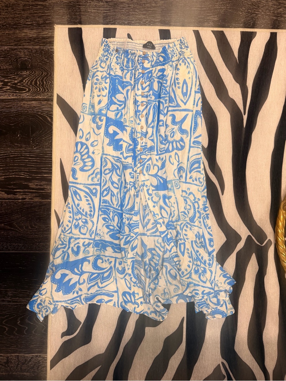 Vici Blue and White Printed High-Low Maxi Skirt
